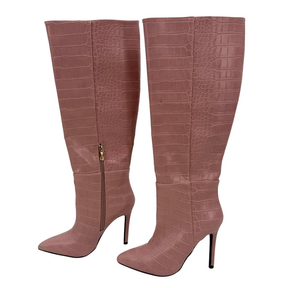 Guess Pink Vegan Croc Pointed Toe Knee High Stiletto Boots | Sexy Baddie Barbie - Picture 4 of 16